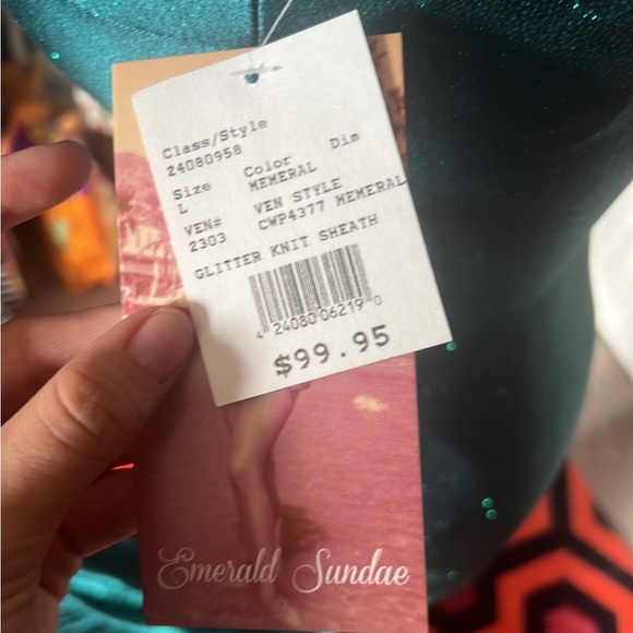 Emerald spaghetti strap thigh slit David’s bridal gown - Picture 5 of 6